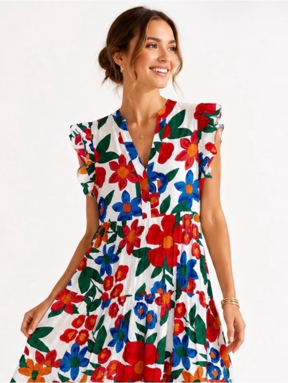 entro White Floral V-Neck Tiered Midi Dress with Red, Blue & Green